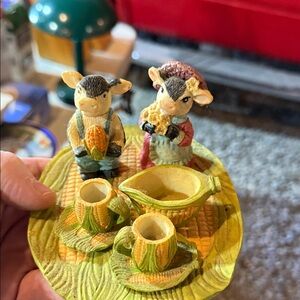 Charming Cow Figurine Set with Corn Details